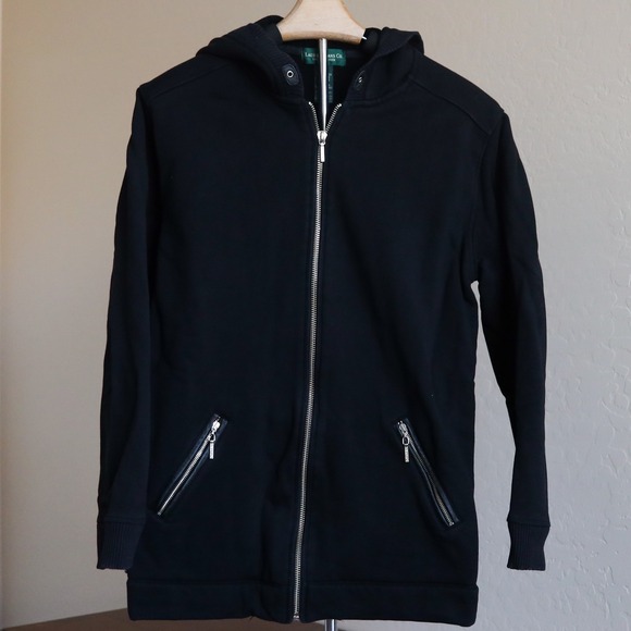 Ralph Lauren Jeans Co Long Zip Hoodie M Black Leather‎ Trim Pocket Women Y2K - Picture 1 of 12